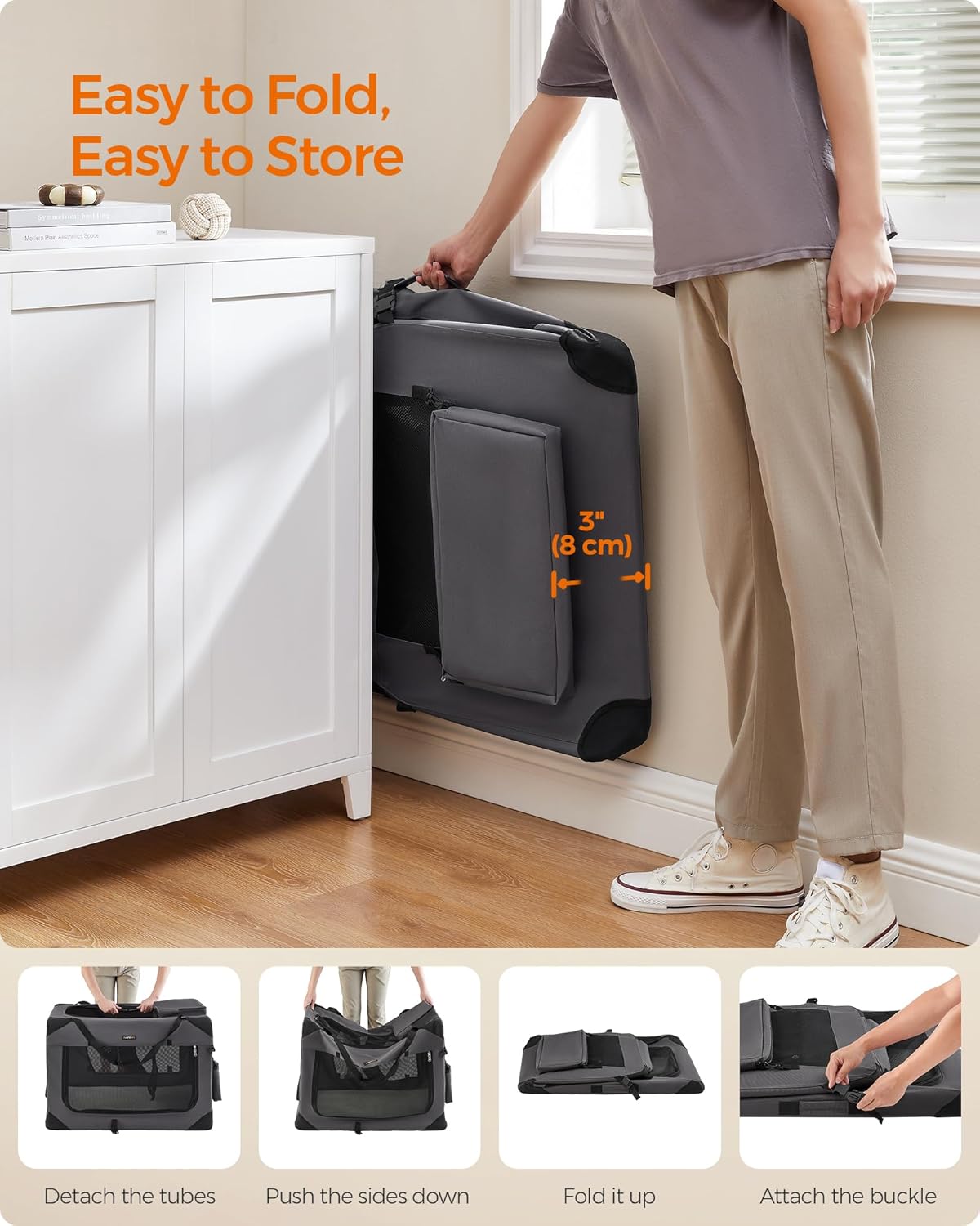 Feandrea 36 Inches Collapsible Soft Dog Crate, Portable Travel Dog Crate for Indoor and Outdoor Use, Dog Carrier Kennel with Safety Zippers, for Living Room, Car, Travelling, Camping, Gray UPDC90G01