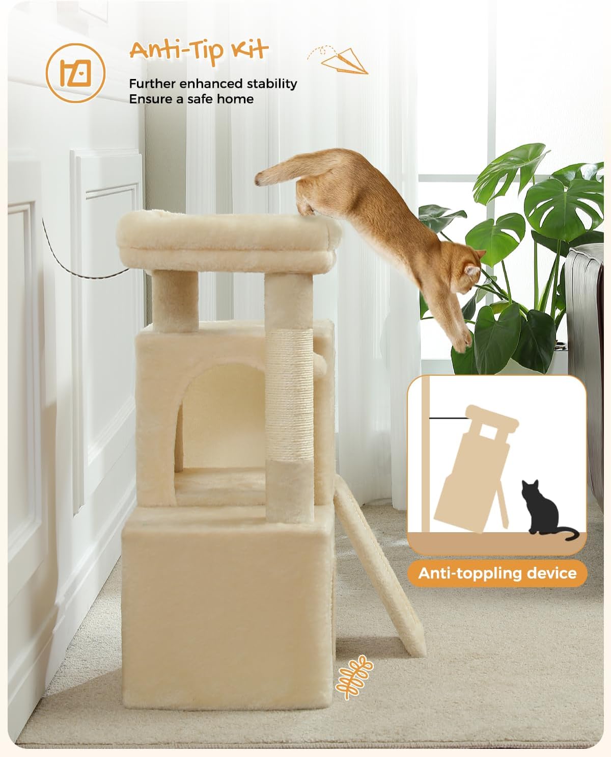 PAWZ Road Cat Tree, 30 Inches Cat Tower with Dual Condos for Indoor Cats, Plush Cat House with Padded Perch, Scratching Ramp and Posts and Replaceable Balls-Beige