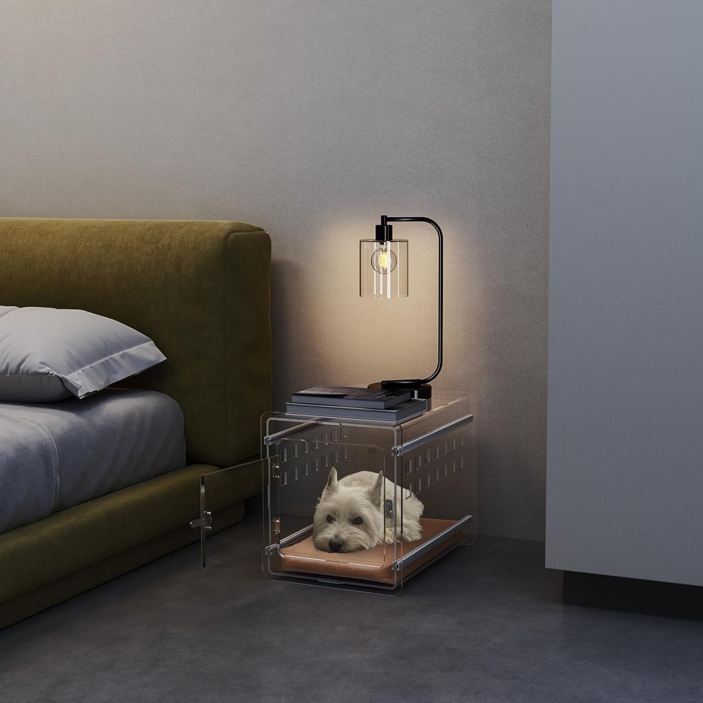 Sumerflos Clear Acrylic Dog Crate - Modern Dog Kennel Furniture, Indoor End Table Dog Crate Lockable Ventilated for Most Small Dog Cat Pet, 21.65" L x 15.74" W x 17.71" H