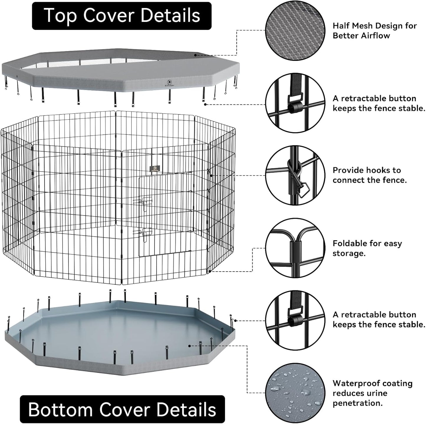 PJYuCien Dog Playpen, 8 Panels 42”H Dog Playpen Indoor with Grey Bottom Pad and Top Cover, Metal Foldable Dog Pen for Indoor Use, Better for Small Medium Animals, Grey