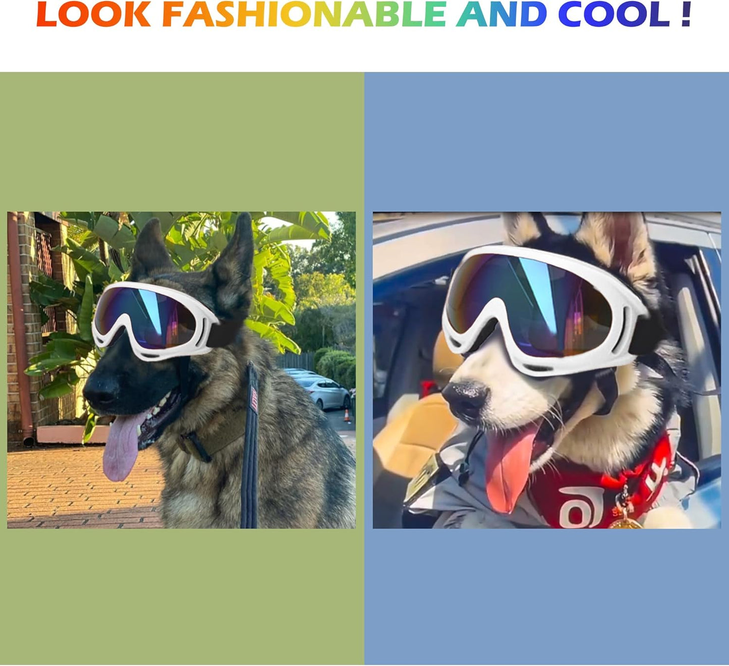 Large Dog Sunglasses With Adjustable Strap UV Protection, Windproof Puppy Eyewear, Suitable for Medium-Large Pets, Eyes Protection, Soft Goggles (White Frame)