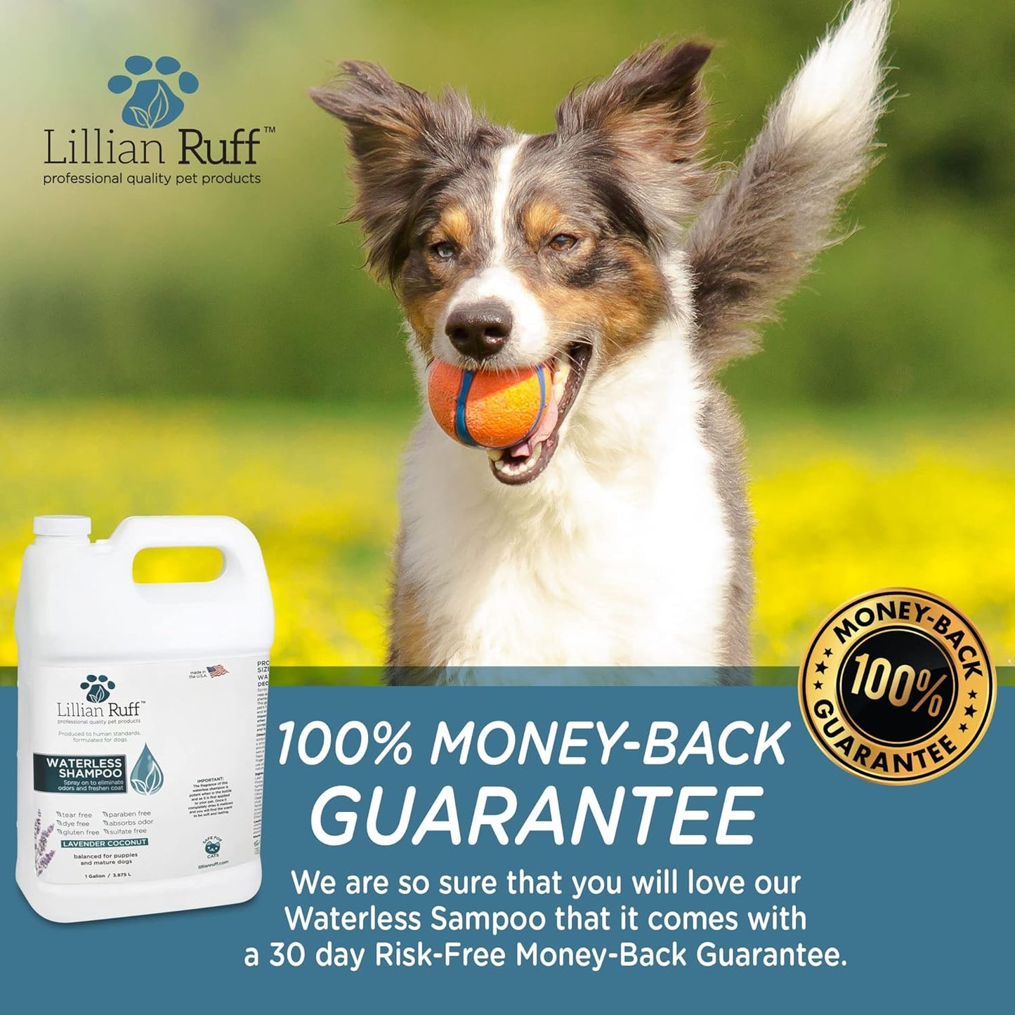 Lillian Ruff Waterless No-Rinse Dog Dry Shampoo Spray with Hydrating Essential Oils - pH-Balanced Dry Shampoo for Dogs - Clean, Condition, Detangle & Deodorize Dry, Sensitive Skin (Gallon)