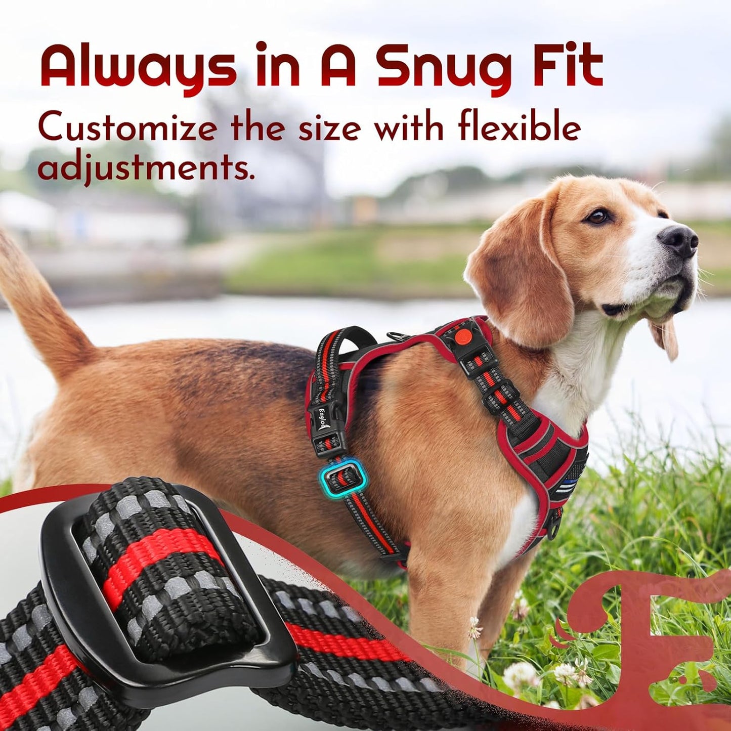 Eagloo Dog Harness for Large Dogs, Easy Wearing with 3 Buckles, Adjustable No Pull Pet Harness with 2 Rings for Walking, No Chock Reflective Soft Padded Vest with Control Handle, Black & Red, XL