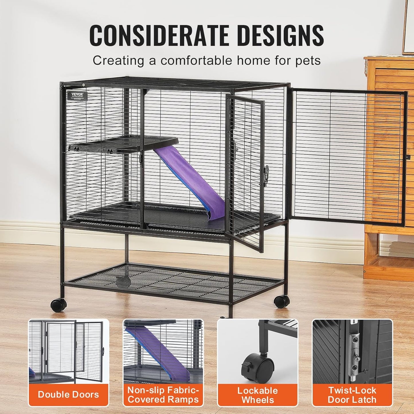 VEVOR 34" Rolling Metal Ferret Cage, Large 2-Tier Critter Nation Cage, Small Animal Cage with Ramps & Tray, Easy to Set up for Pet Mice, Hamster, Guinea Pig, Chinchilla, Squirrel, Hedgehogs, Bunny