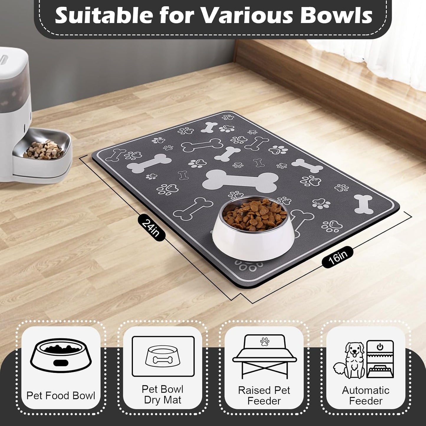 Pet Feeding Mat,Rapid Absorbent Mats for Dog Cat Food, Dog Placemat Water Bowl Mat with Rubber Backing,Messy Drinkers to Protect Floors, Pet Accessories 16"×24" Dark Grey