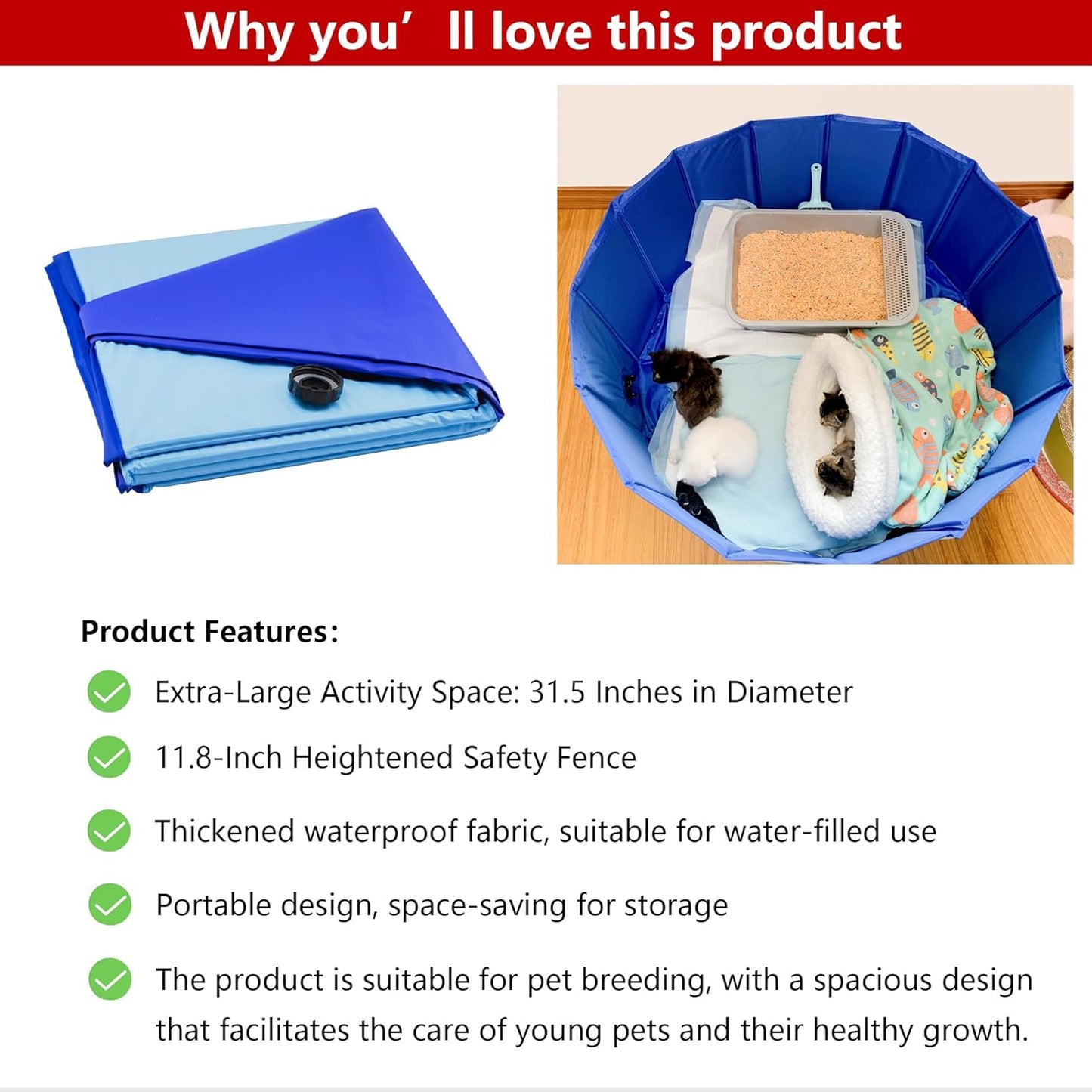 Birthing and Activity Bed for Kittens Puppies and Small Pets, Large Foldable Pet Nest, 31.5 Inch Diameter 11.8 Inch Height