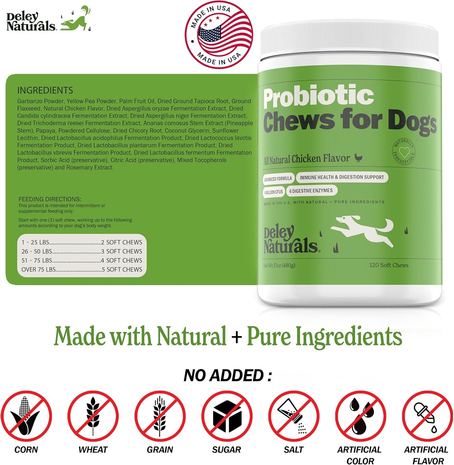 Deley Naturals Dog Probiotic Chews - Dogs Probiotic for Digestive Health with 4 Billion CFUs & Digestive Enzymes - Anti Diarrhea for Dogs - Dog Gut Health Probiotics for Allergies - Made in The USA