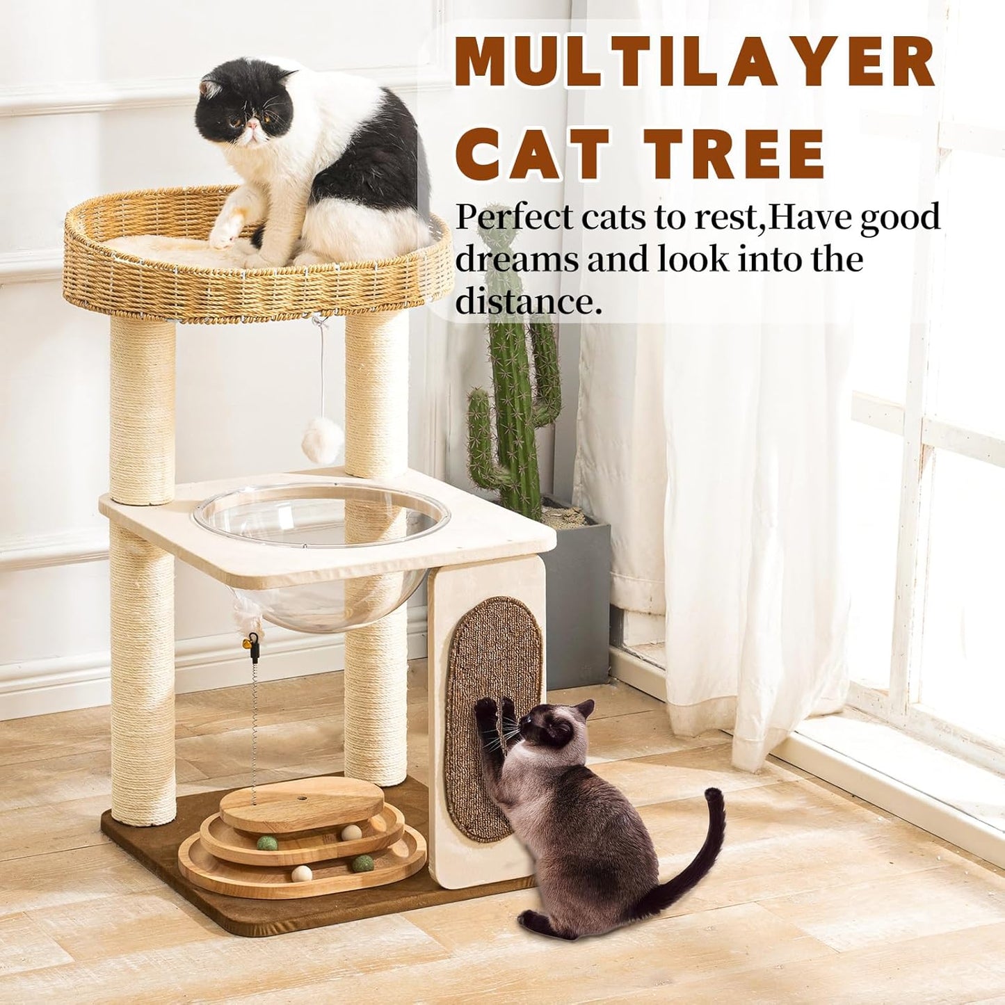 Modern Cat Tree for Indoor Cats with Sisal Rope Scratching Posts, Hand-Woven Cat Condo & Top Perch, Space Capsule Cats Nest, Cute Cat Tree with Interactive Cat Toy