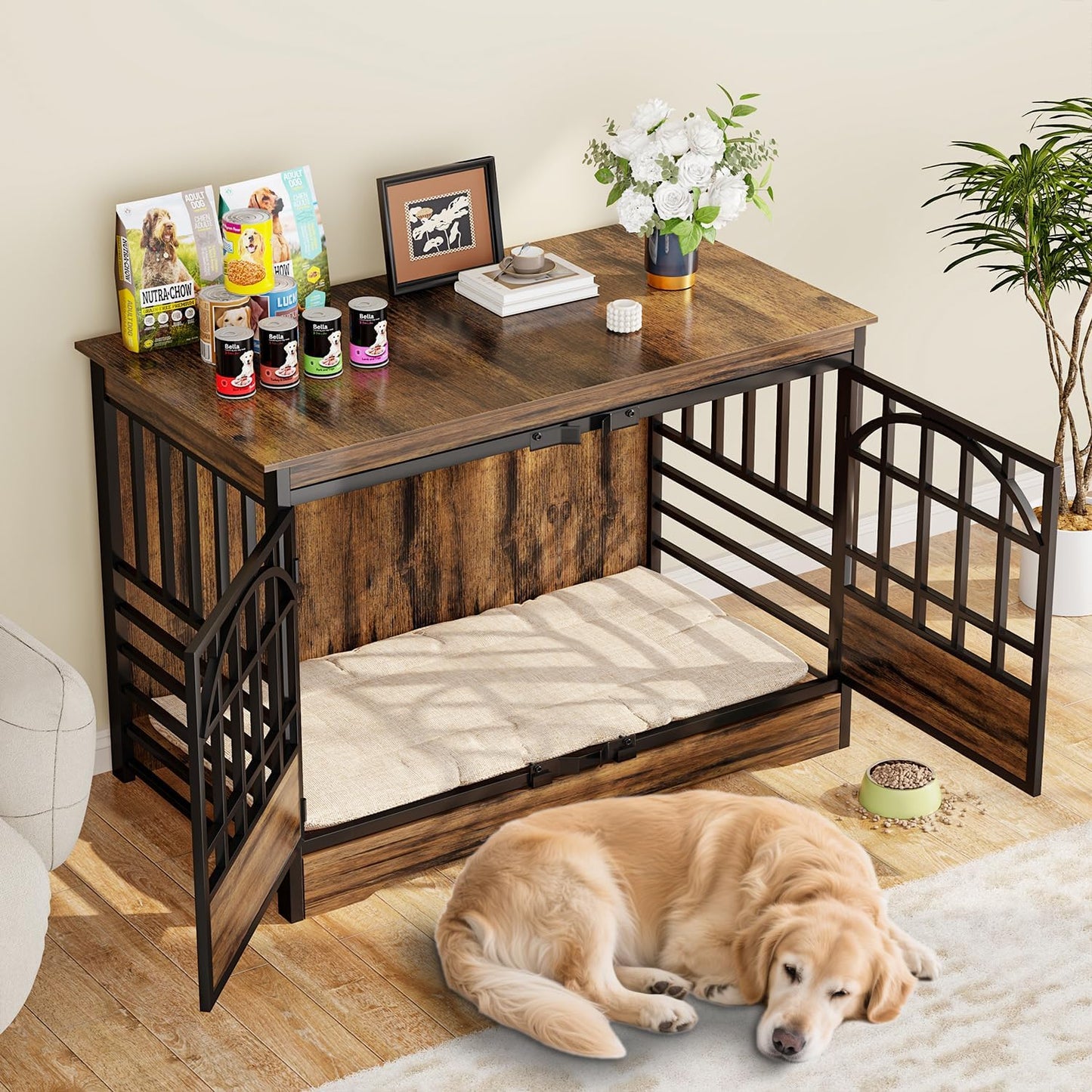 COZPAW 52 Inch Dog Crate Furniture, Extra Large Dog Kennel Indoor for XLarge Breed, Heavy Duty Dog Cage with Double Elegant Arched Doors, Decorate as TV Stand & End Table-Retro Brown