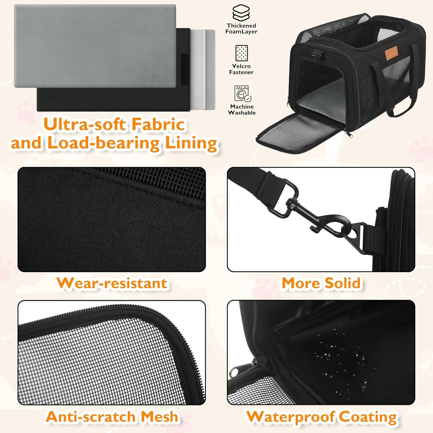 PETUX TSA Approved Pet Carrier in Cabin, 17"x11"x9.5" Soft Cat Carriers for Small Cat up to 12 lb and Puppy up to 10 lb, Top Open Portable Pet Carrier Airline Approved for Travel and Vet Visit (Black)