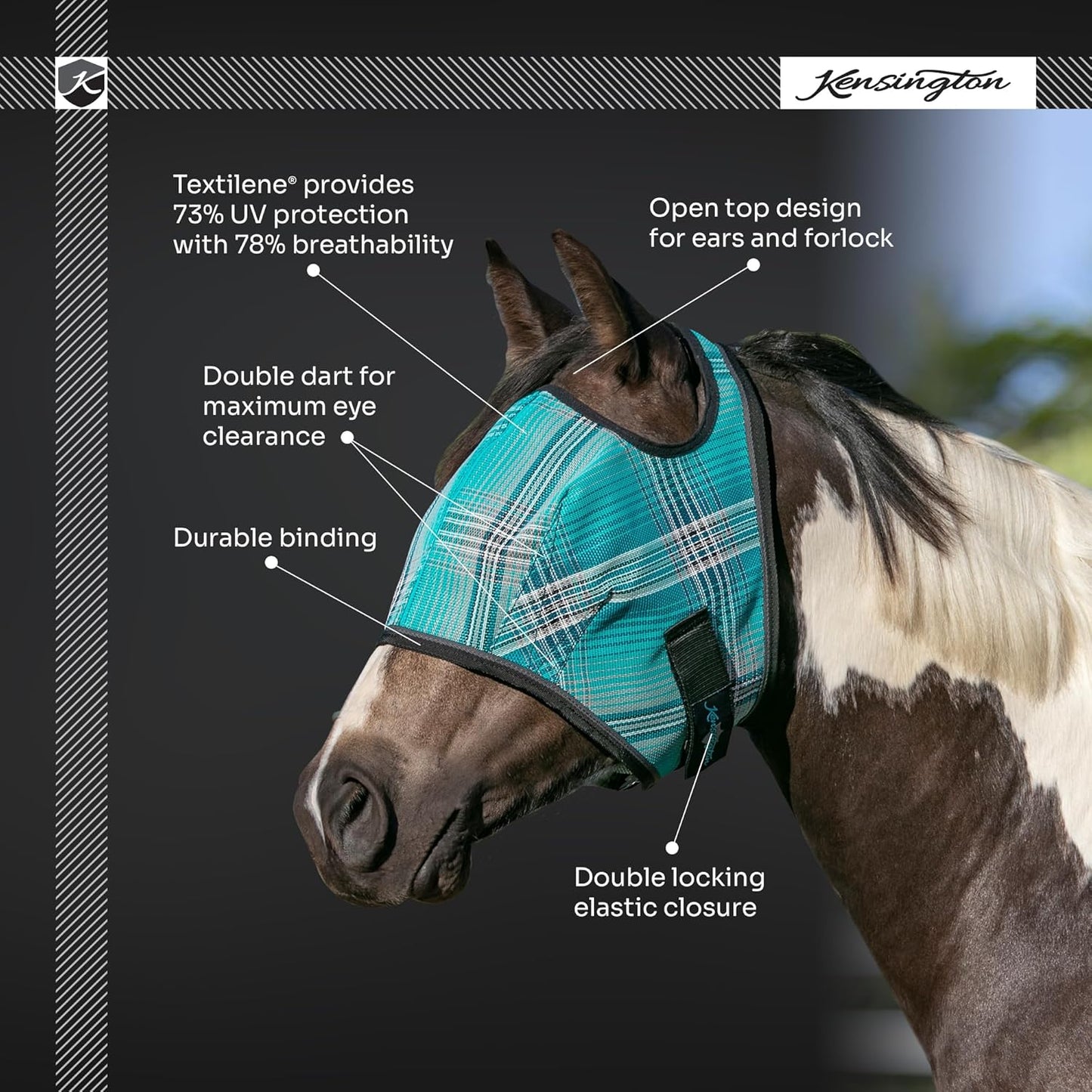 Kensington Fly Mask Web Trim Protects Horses Face and Eyes from Bites and Sun Rays While Allowing Full Visibility Ears and Forelock Able to Come Through The Mask, Large, Lavender Mint