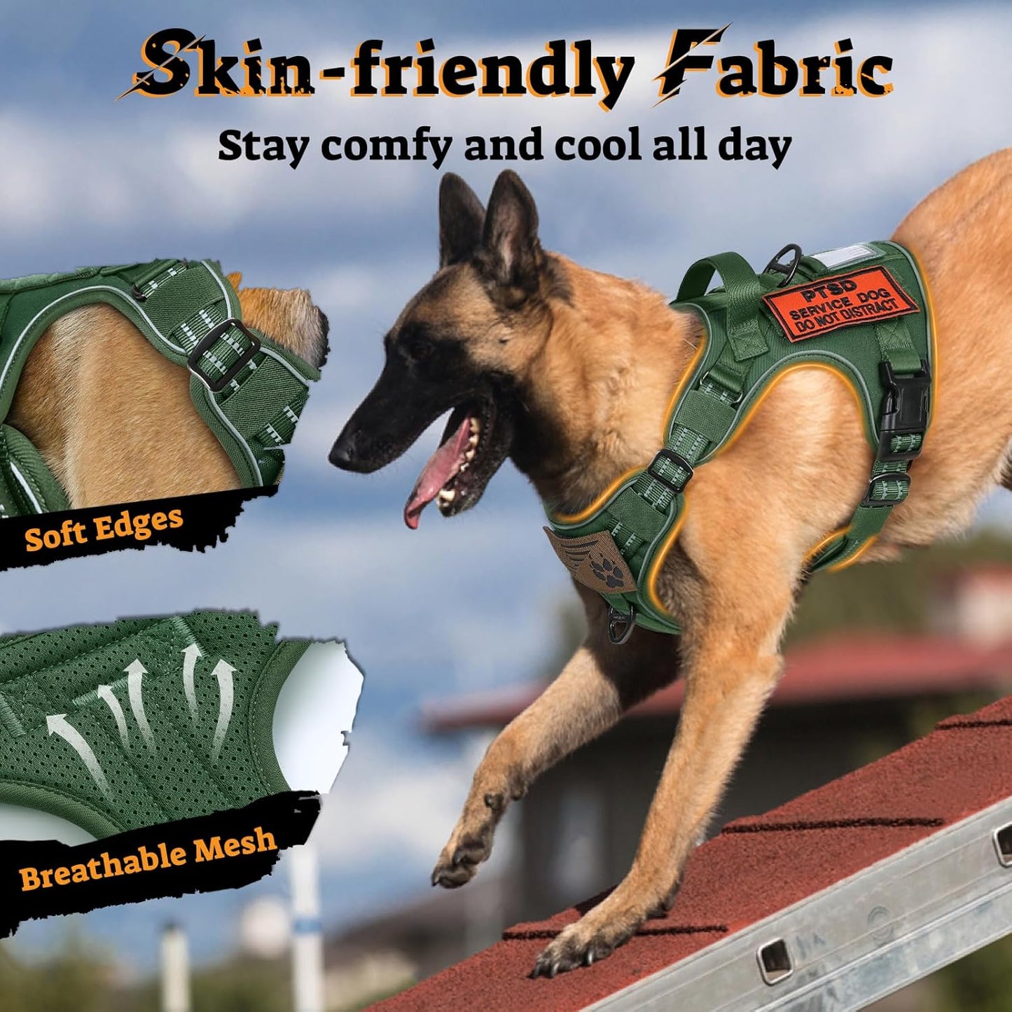 rabbitgoo Dog Harness for Large Dogs No Pull, Tactical Service Pet Vest with Molle and Control Handle, Adjustable and Reflective Military Harness for Easy Walking and Training, Green, XL