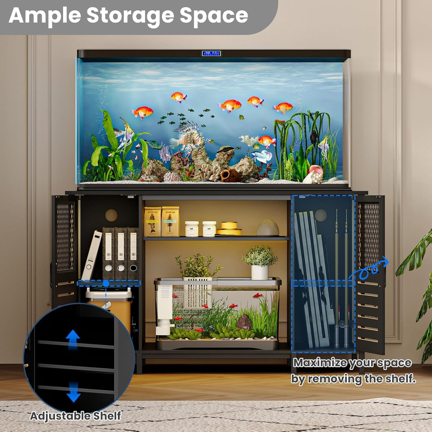 EAG 55-75 Gallon Fish Tank Stand with Power Outlets & LED Light, Heavy Duty Aquarium Stand with Adjustable Shelves, Turtle Reptile Terrarium Tank Stand with Cabinet, 1250LBS Capacity, Black