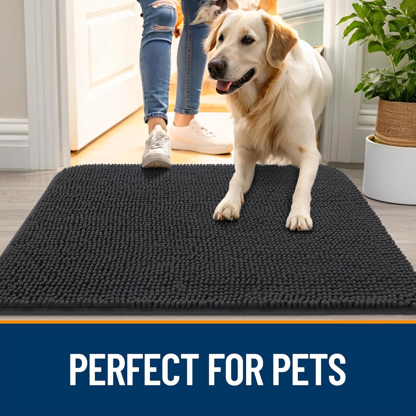 OLANLY Dog Door Mat for Muddy Paws 54x32, Absorbs Moisture and Dirt, Absorbent Non-Slip Washable Doormat, Quick Dry Chenille Mud Mat for Dogs, Entry Indoor Entryway Carpet for Inside Floor, Dark Grey