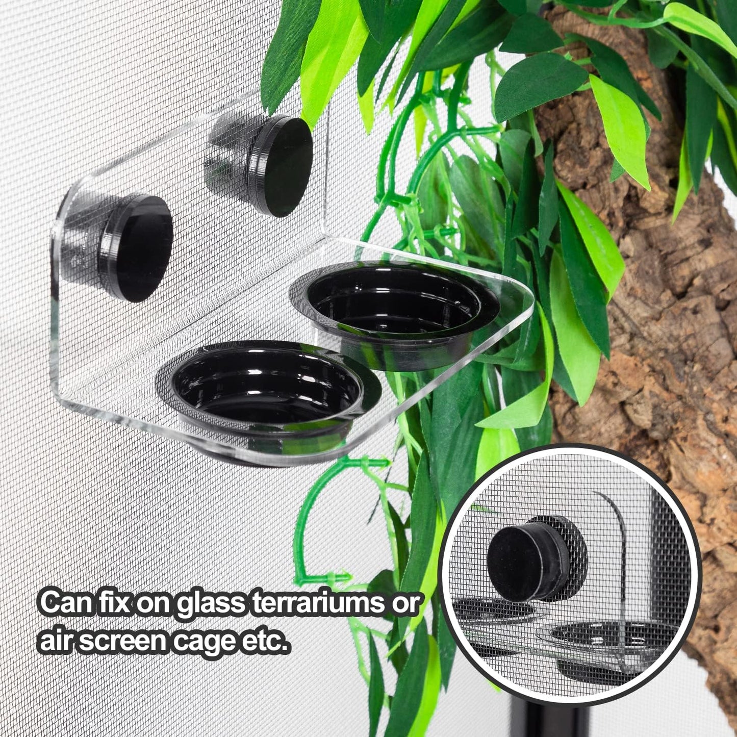 WACOOL Magnetic Reptile Ledge, Acrylic Gecko Feeding Ledge with 6PCS Cups, Reptile Food Water Feeder Dish for Geckos Iguana Chameleon Pets (Black)