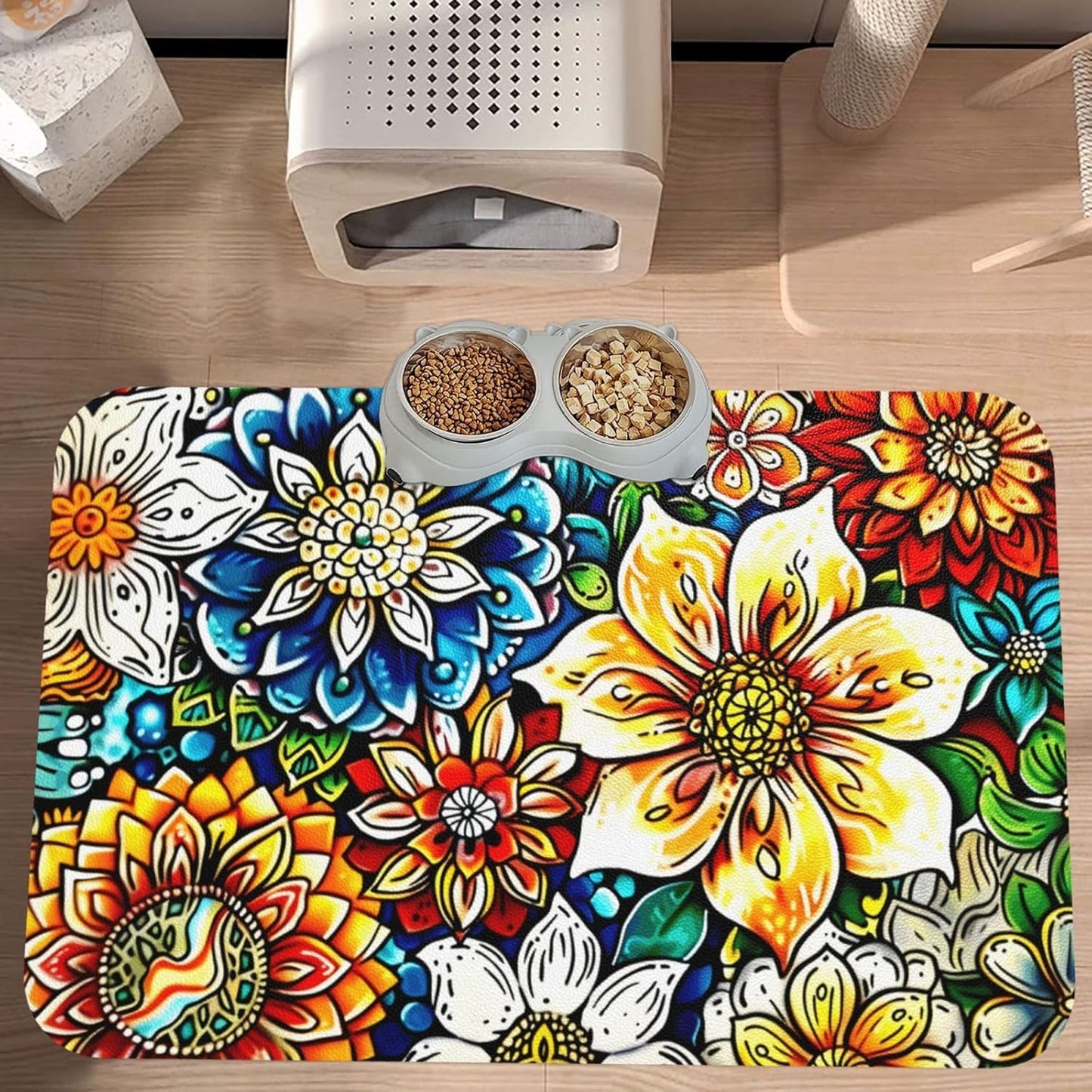 Colorful Mandala Dog Food Mat Absorbent Bowl Mats No Stains Quick Dry Waterproof Pet Cat Placemats for Food and Water, 30x45cm