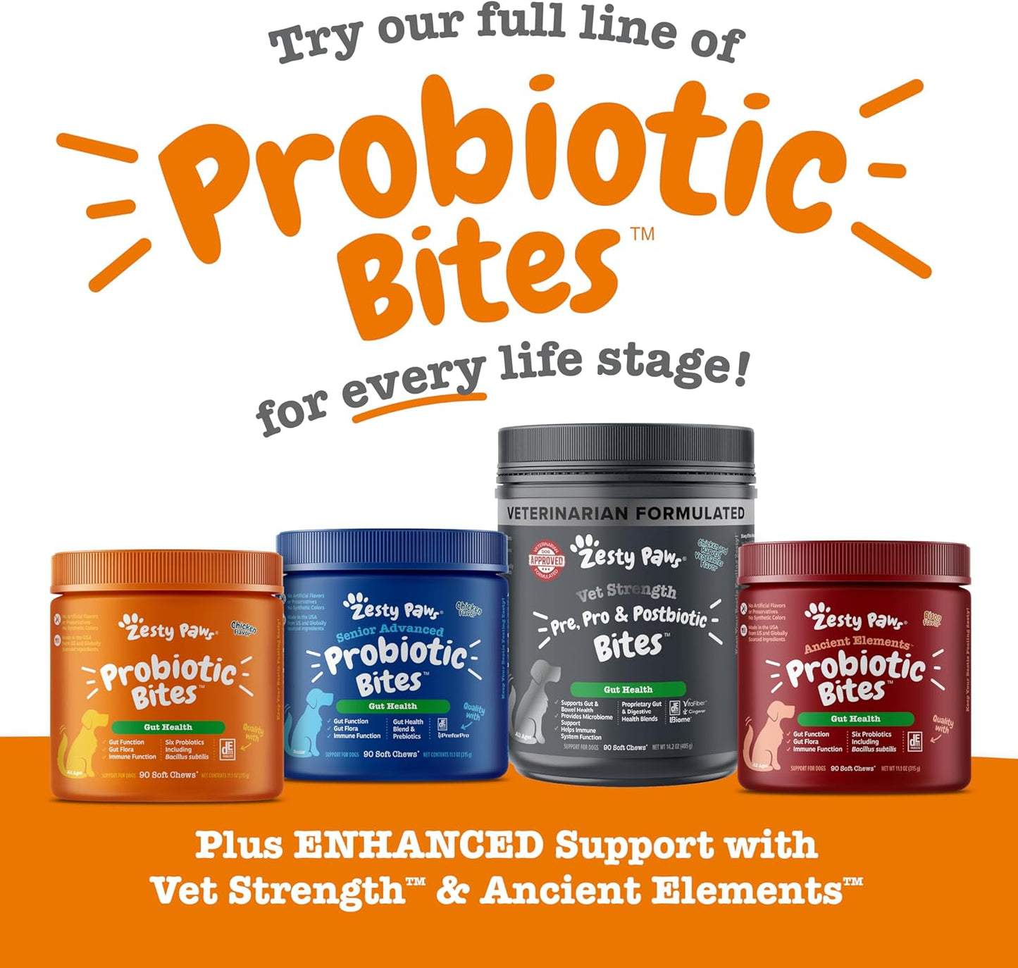 Zesty Paws Probiotics for Dogs, Digestive Enzymes Gut Flora, Digestive Health, Diarrhea & Bowel Support, DE111, Dog Probiotics Soft Chew for Pet Immune System, Chicken, 90 Ct