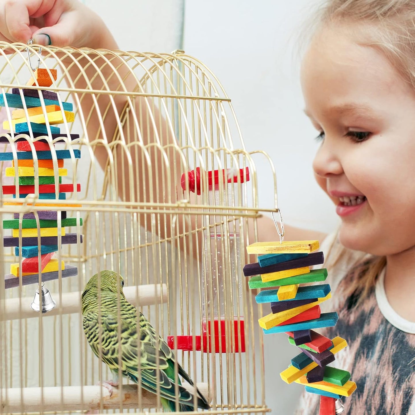 JaGely 4 Pcs Bird Parrot Toys with Multicolored Natural Wood Blocks, Bird Chew Toys for Large Medium Parrots Macaws Lovebirds Doves Cockatiels Conures Parakeets Chewing Biting Foraging, 2 Designs