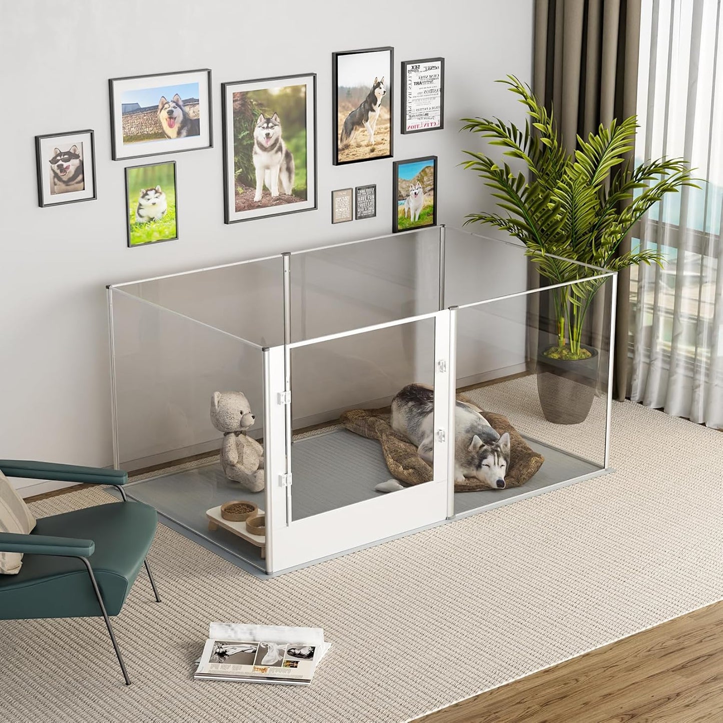 Dog Clear Playpen Fence Kennel: 32" Extra Tall Puppy Birthing Enclosure with Waterproof Fertility Pad - 64"x43" Pet Heavy Duty Play Pin Corral with Transparent View and Lockable Door for Dogs Bunny