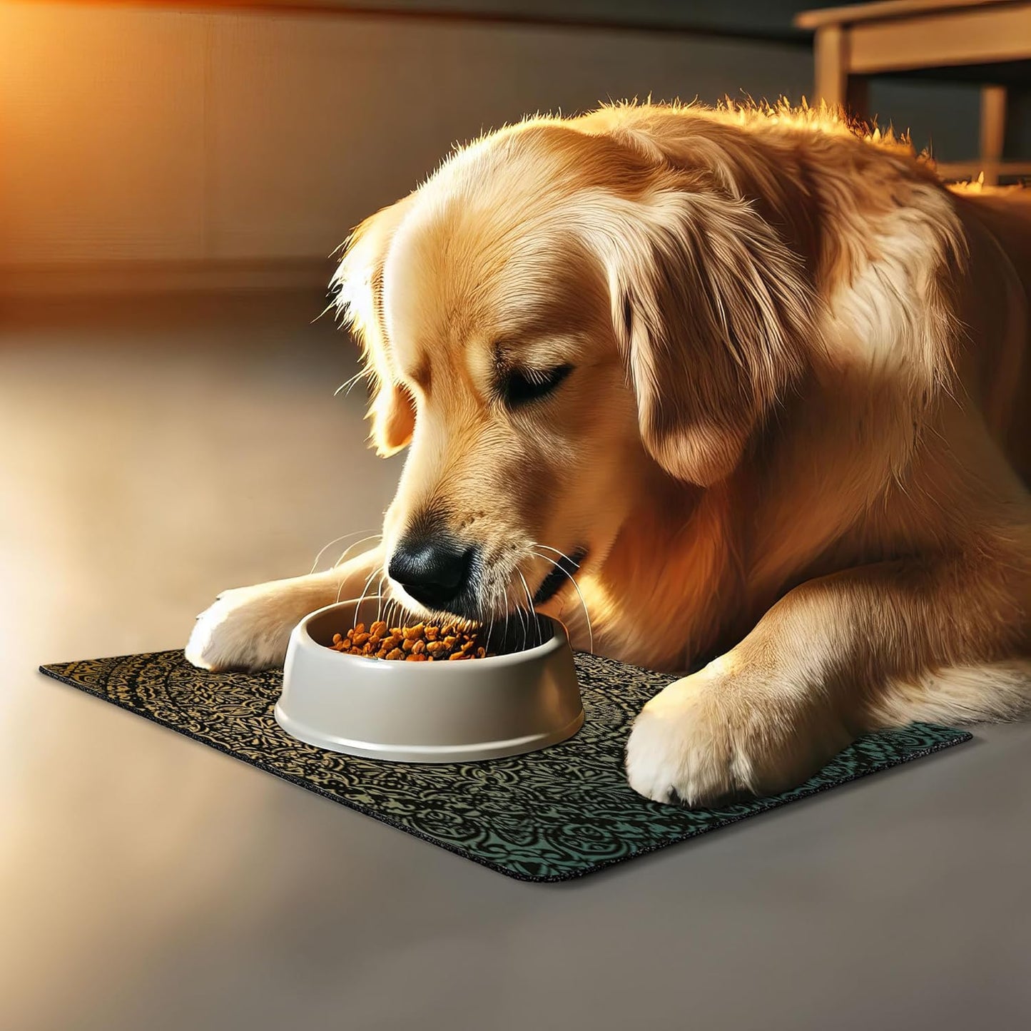 Lunarable Mandala Pet Mat for Food and Water, Round Design Detailed Floral Pattern in Earthy Tones, Non-Slip Rubber Mat for Dogs and Cats, 18" X 12", Fern Green