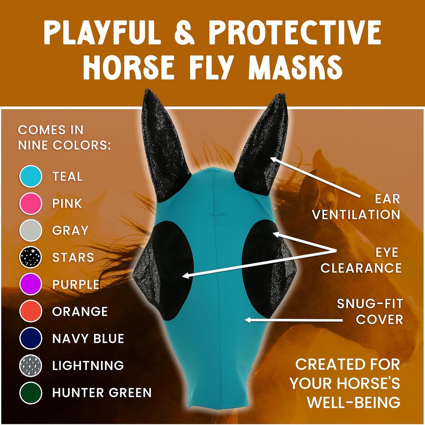 Horse Fly Mask - Durable Equine Fly Mask with Full Coverage for Eye & Ear - Stretchable, UV & Sun Protection Flymask for Horses, Ponies & Mini Horses - Horse Face Cover for Pasture & Trail - Gray