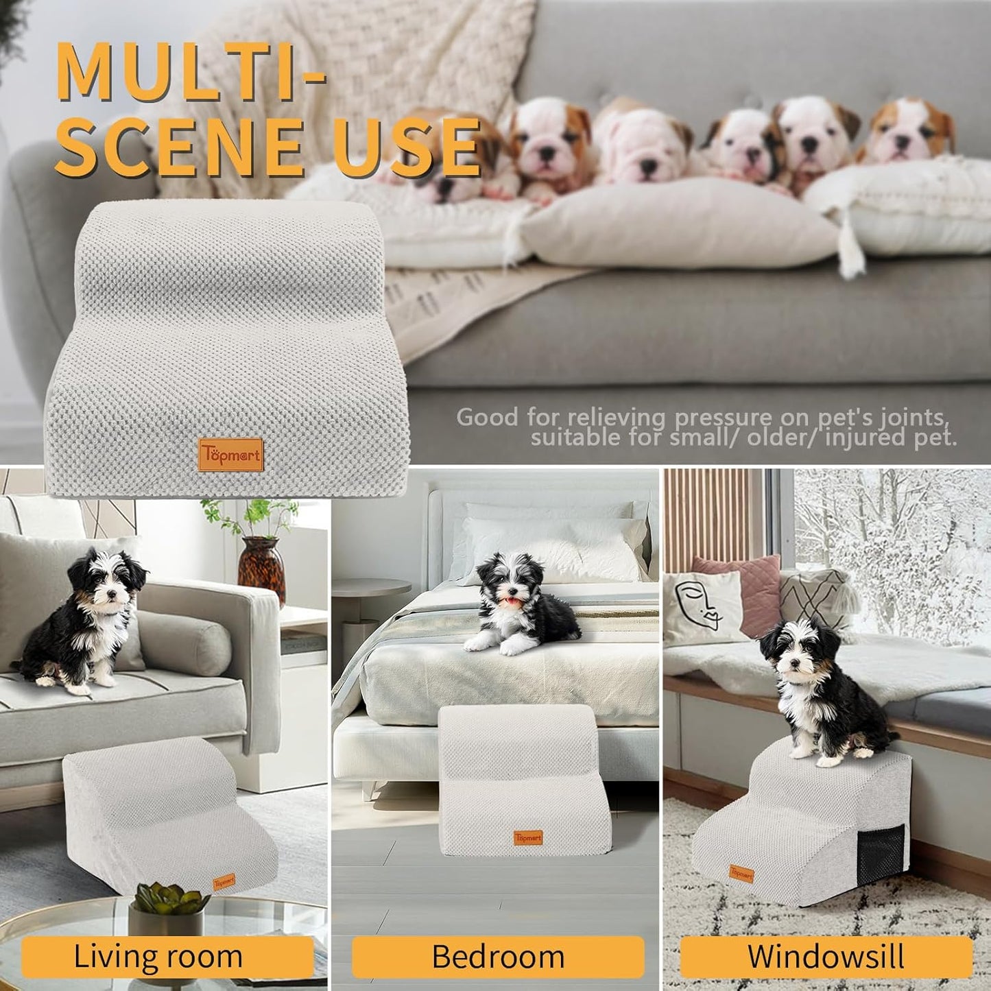 Topmart High Density Foam Pet Steps 2 Tiers,11.8" High,Non-Slip Dog Stairs,Soft Foam Dog Ramp Ladder,Best for Injured,Older Cats,Pets with Joint Pain,Suitable for Low Sofas,Stairs,Lower Place