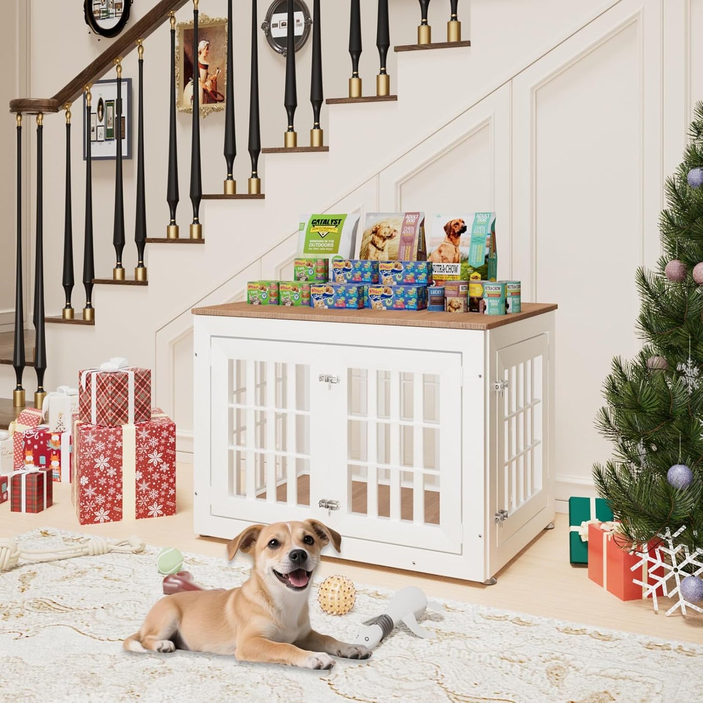 38" Heavy Duty Dog Crate Furniture for Small,Medium and Large Dogs,Rustic Wooden Dog Cage Kennel Indoor Furniture with Waterproof Top,Decorative Pet House Side End Table (White & Wood)