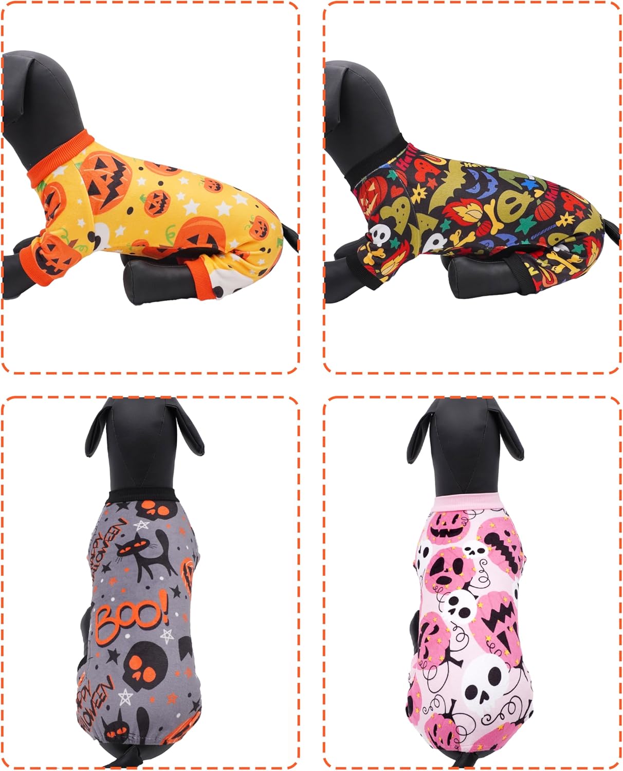 PET SHOW 4 Pack Halloween Dog Pajamas for Medium Dogs Onesie Soft Pumpkin Ghost Soft Fleece Stretchy Jumpsuit Costume Boy Girl Pets PJs with Sleeve Clothes(XXL)