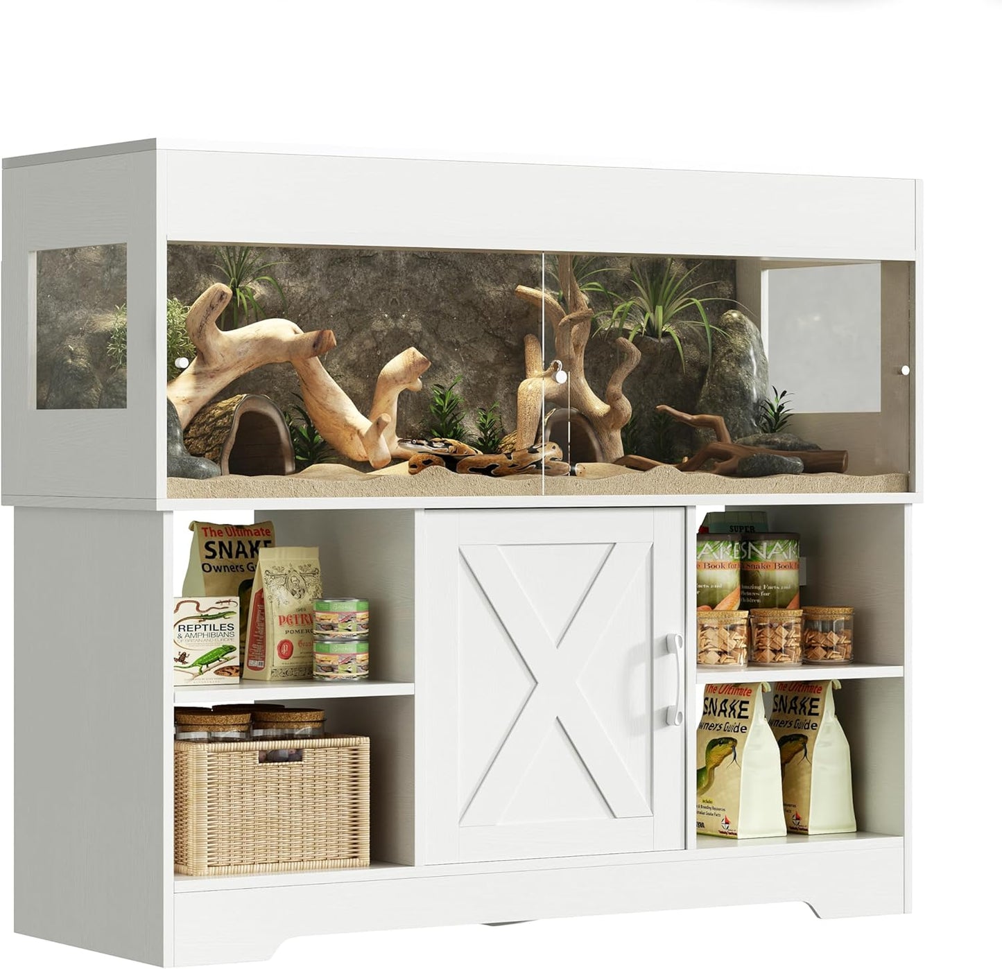 60 Gallon Reptile Tank with Stand, Terrarium Tank with Storage Cabinet, for Lizards, Skinks, Snakes, Sliding Acrylic Doors, Mesh Top, Built-in Power Outlet White PX02RTW