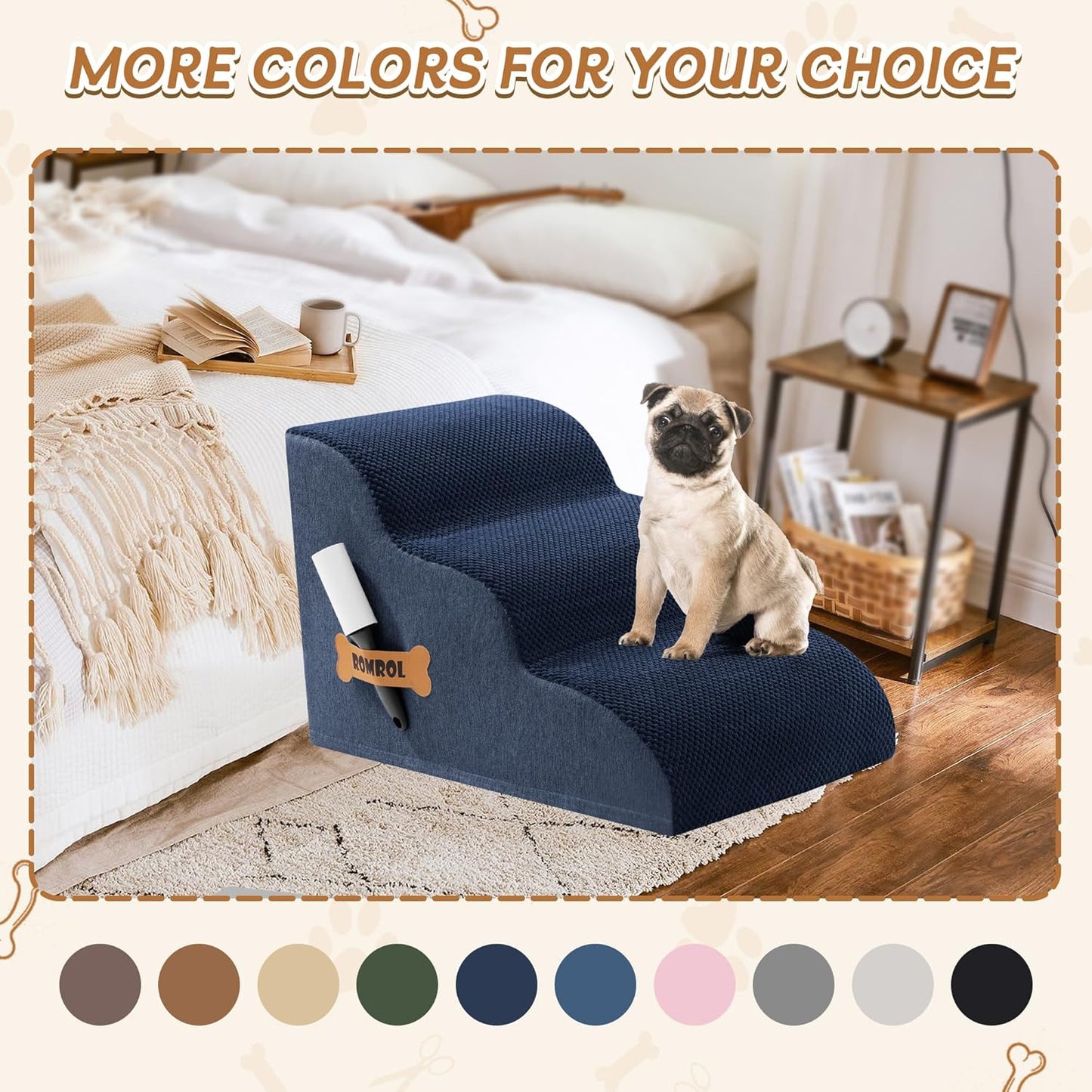 Romrol Dog Stairs Ramp for High Beds Couches, High Density Foam Pet Steps with Durable Non-Slip Waterproof Fabric Cover, Dog Stairs for Small Dogs or Cats or Pets, 3-Step,15 Inch,Navy