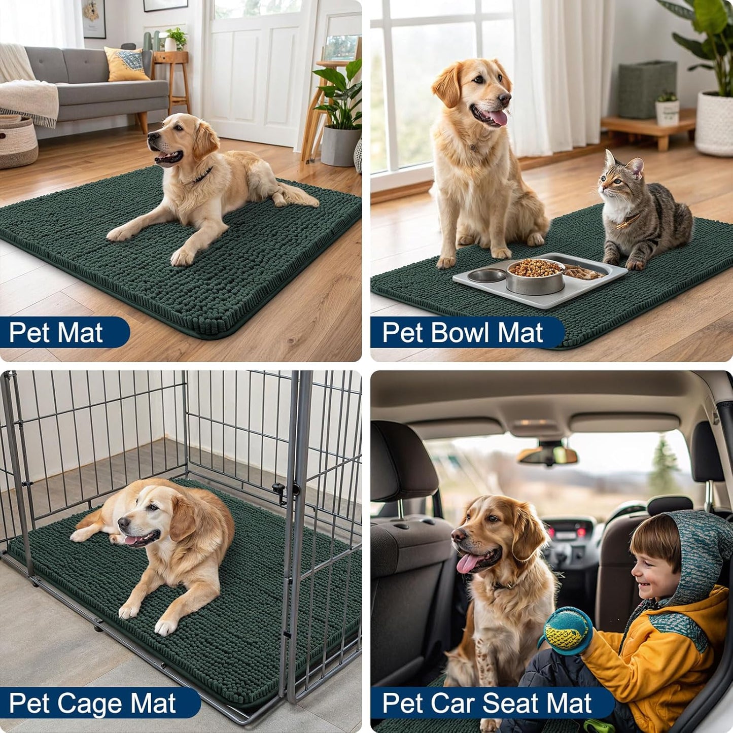 Smiry Dog Door Mat for Muddy Paws 36x24, Absorbs Moisture and Dirt Doormat, Non-Slip Washable Quick Dry Chenille Front Door Mat Indoor Entrance, Entryway Carpet for Inside Floor, Green