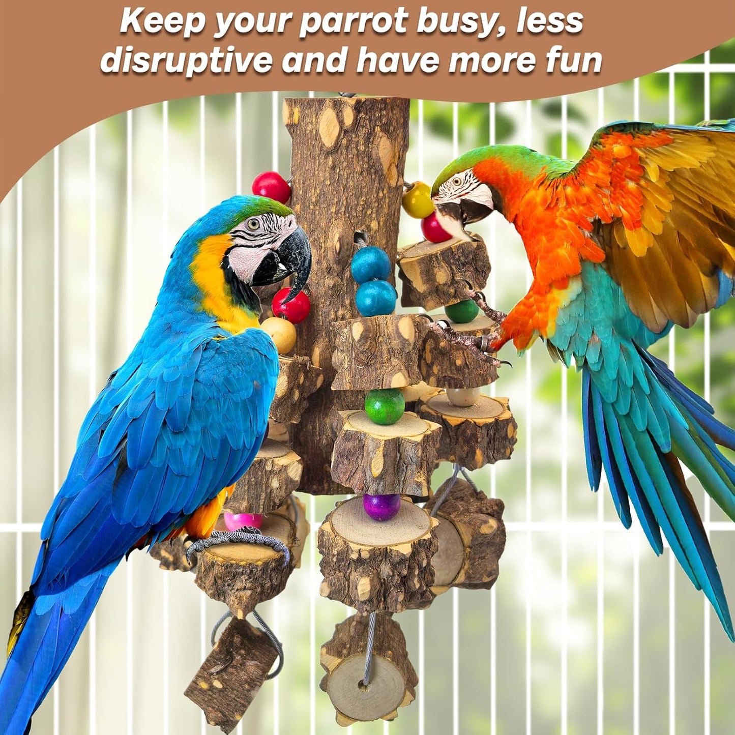 PINVNBY Large Bird Parrot Toys, Natural Wooden Blocks Chew Toy, Durable Cage Bite for African Grey Cockatoo Macaws Cockatiels Eclectus Large Medium Parrots (Small Size, Wire Link)