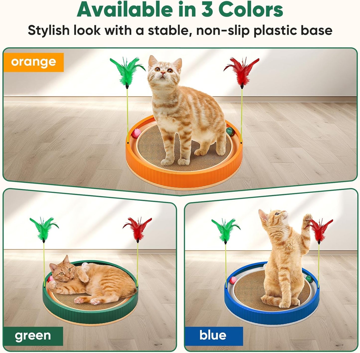20-Inch Round Cat Scratcher with Ball Track – 3-in-1 Cardboard Scratching Pad with Feather Toy & Non-Slip Base – Interactive Cat Toy for Indoor Cats, Kittens & Large Cats (Green)