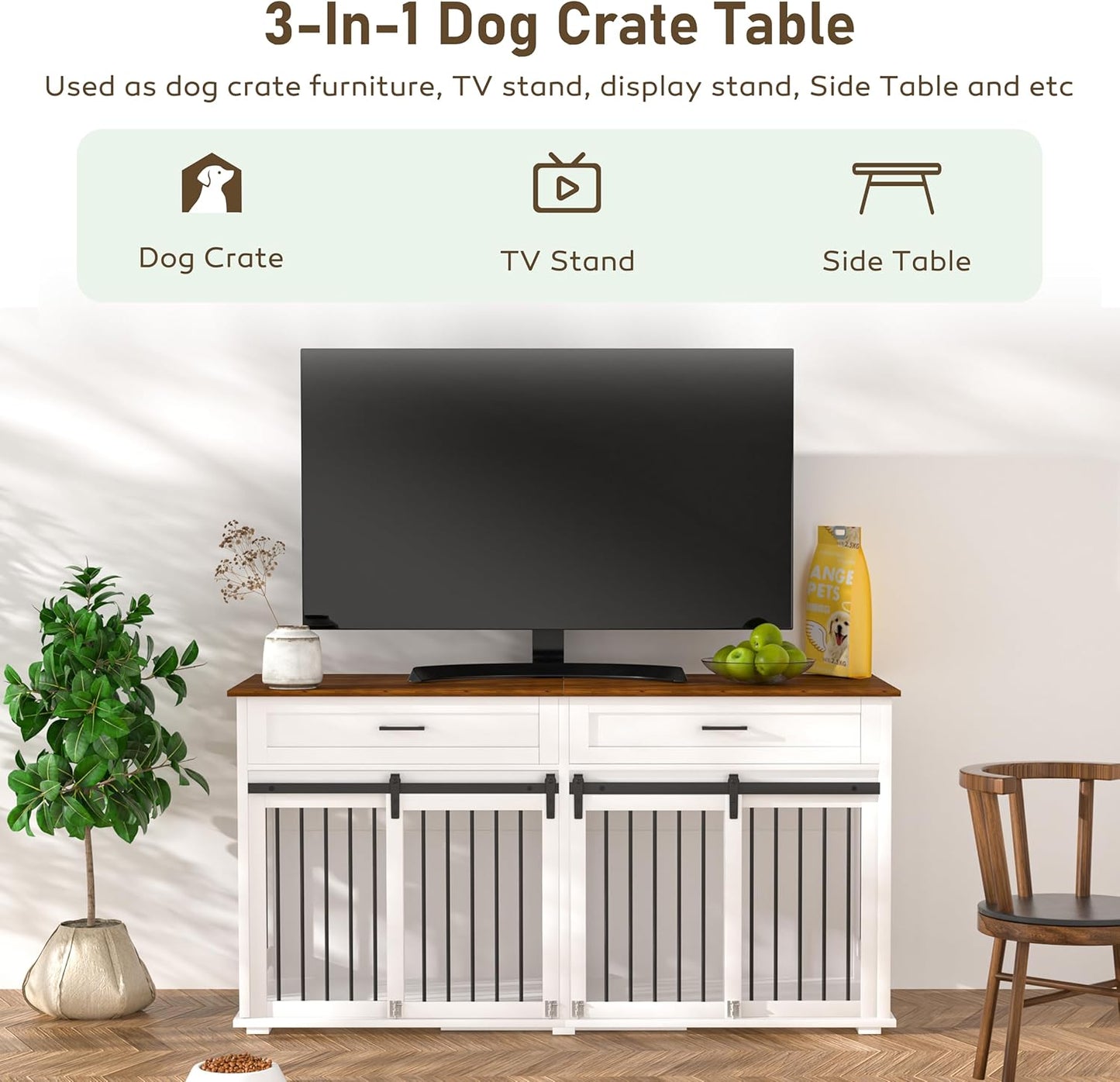 MUPATER 63" L x 23.6" W x 33.3" H Double Wooden Dog Cage Table with 2 Large Drawers & Safety Locks, Large Dog Crate Furniture for 2 Dogs with Removable Divider, Decorative Indoor Dog Kennel Furniture