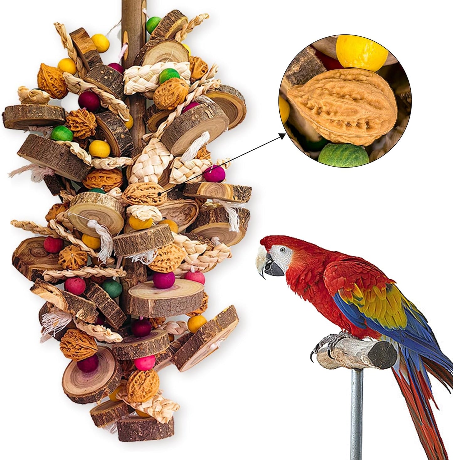 Extra Large Bird Parrot Toys- 21.7 inch Multicolored Natural Wooden Walnut Parrot Chewing Toy Suggested for Macaws cokatoos, African Grey and a Variety of Amazon Parrots. (Large Size)