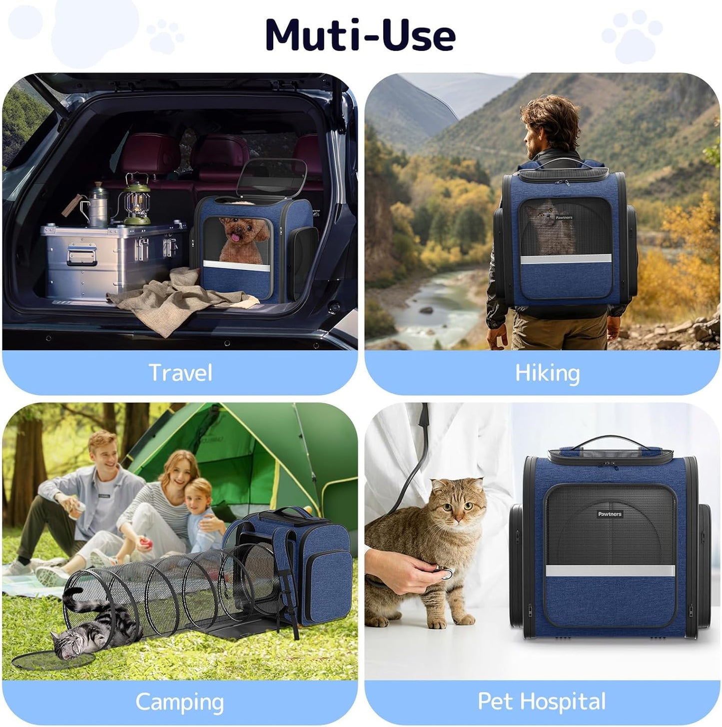 Pawtners Cat Carrier Backpacks Expandable Pet Backpack with Breathable Mesh, Pet Carrier Backpack for Cats Small Dogs Puppies Up to 18 Lbs, Dog Carrier Backpack for Travel Hiking Camping Outdoor Blue