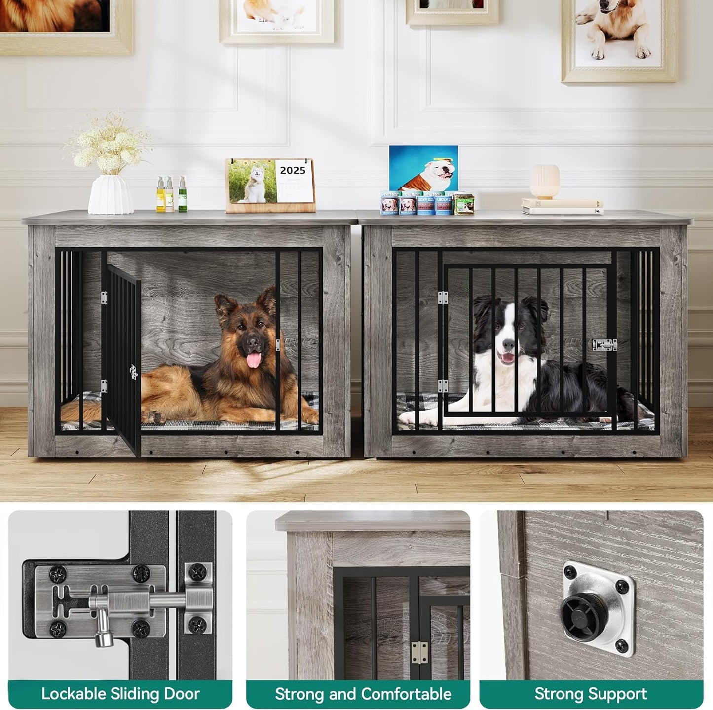 YITAHOME 76 Inch Double Dog Crate Furniture, XXL Dog Crate Furniture for 2 Dogs, Side End Table, Waterproof Top, Safety Corners, 2-in-1 Iron-Wood Fusion Dog Kennel Furniture for 2 Large Dogs,Greige