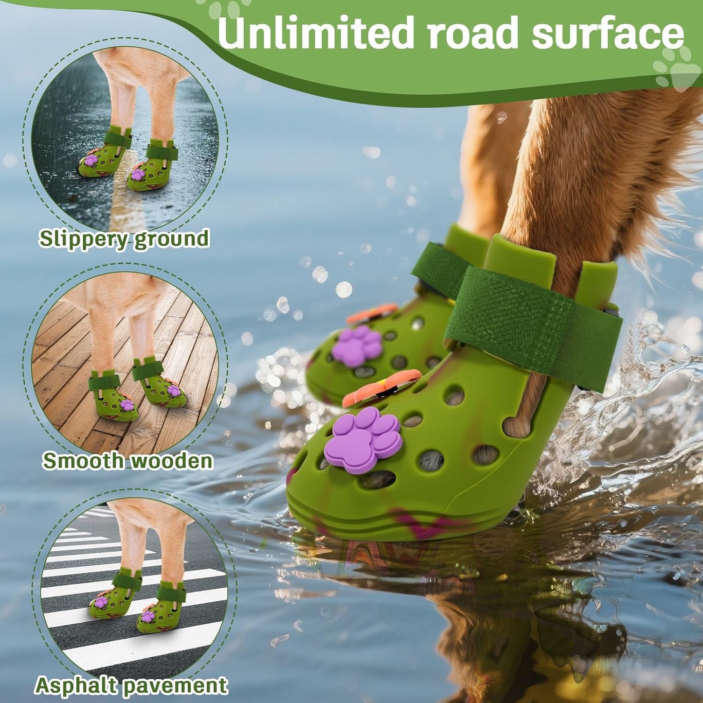 Dog Shoes for Hot Pavement, Adjustable Magic Tape Boots for Small, Medium & Large Dogs, Anti-Slip, Easy to Clean Paw Protectors for Beach, Outdoor & Hot Weather (Green M)