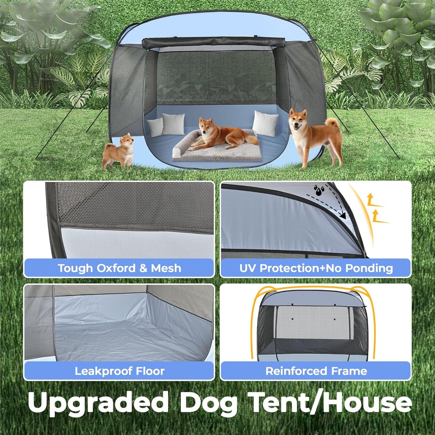EighteenTek XLarge Popup Portable Dog Houses, 5.3'x4'H Assembly-Free Gazebo-Style Dog Cot Cat Playpen Screen Pet Tent Sun Shade Shelter Dog Bed with Canopy for Outdoor, Anti-Bugs with Leakproof Bottom