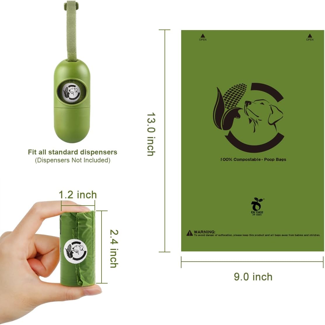 Certified Compostable Dog Poop Bags, 120 Count Landfill Friendly and Leakproof Waste Bags, Easy Open Unscented Forest Green Poop Bag for Dog, 15 Doggy Bags Per Roll (8 rolls)