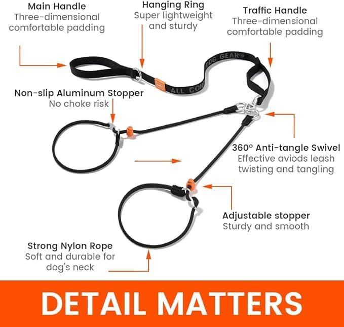 Howgo Double Slip Leash Slip Lead with Two Handles| Dual Dog Slip Lead for 2 Dogs,360° Swivel No Tangle | Dog Training Collar | Double Clip Leash Coupler and Splitter (Orange, 6FT)