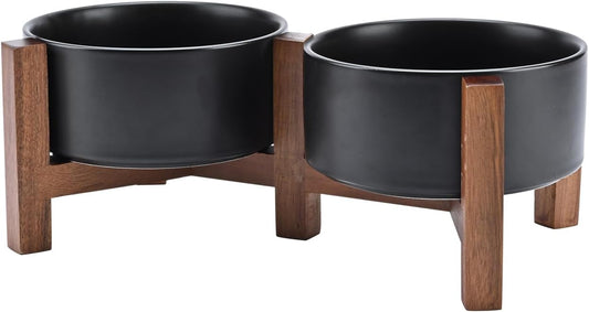 SPUNKYJUNKY Ceramic Dog Bowls with Acacia Wood Stand - Raised Dog Food and Water Bowl Set for Medium Dogs (28.74 OZ, Black)