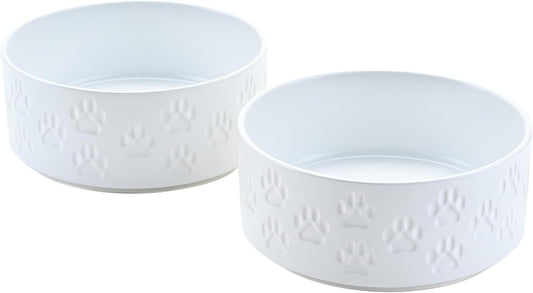 SPUNKYJUNKY Ceramic Dog Bowls 2 Pack, 8.3'' Dog Food Water Double Feeding Bowls Non-Slip for Medium to Large Sized Breed Microwave Dishwasher Safe - 60 OZ, 2pcs, Paw White