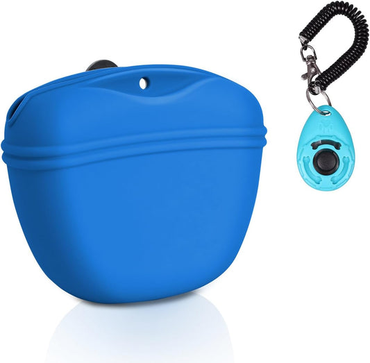 Left&Right Dog Clicker Training Kit,Silicone Dog Training Treat Pouch and Dog Clickers,Dog Treat Bag with Clicker Training for Dogs,Pet Treat Bag with Magnetic Buckle Closing and Waist Clip,Navy Blue