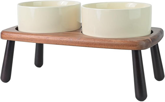SPUNKYJUNKY Ceramic Elevated Dog Bowls Raised with Acacia Bamboo Wooden Stand, 6.1'' Dog and Cat Food Water Bowls Set Non-Slip for Small Medium Sized Breed Microwave Dishwasher Safe - 28.7 OZ,Beige