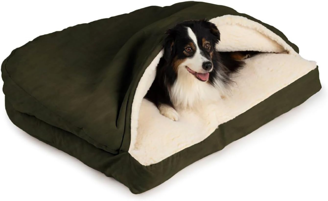 Snoozer Rectangle Cozy Cave Dog Bed - Indoor Dog Bed with Cover Cave, Covered Calming Burrow for Small & Medium Sized Pets with Blanket Attached, Enclosed, Washable - Medium, Olive