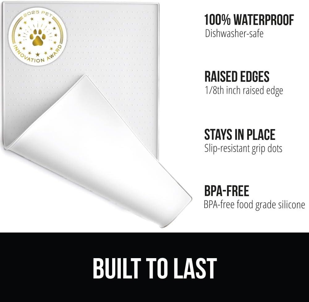 GORILLA GRIP 100% Waterproof Raised Edge BPA Free Silicone Pet Feeding Mat, Dog Cat Food Mats Contain Spills Protects Floors, Placemats for Cats and Dogs Water Bowl, Pets Accessories 23x15 White