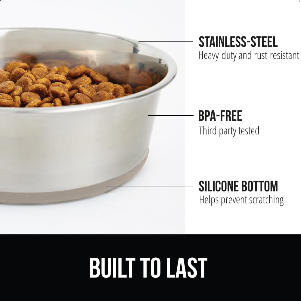 GORILLA GRIP Set of 2 Dog Bowls, Holds 8 Cups (64 fl oz), Heavy Duty Metal Food and Water Bowl for Feeding Dogs and Cats, Dishwasher Safe, Rust Resistant Stainless Steel, BPA Free Rubber Base, Beige