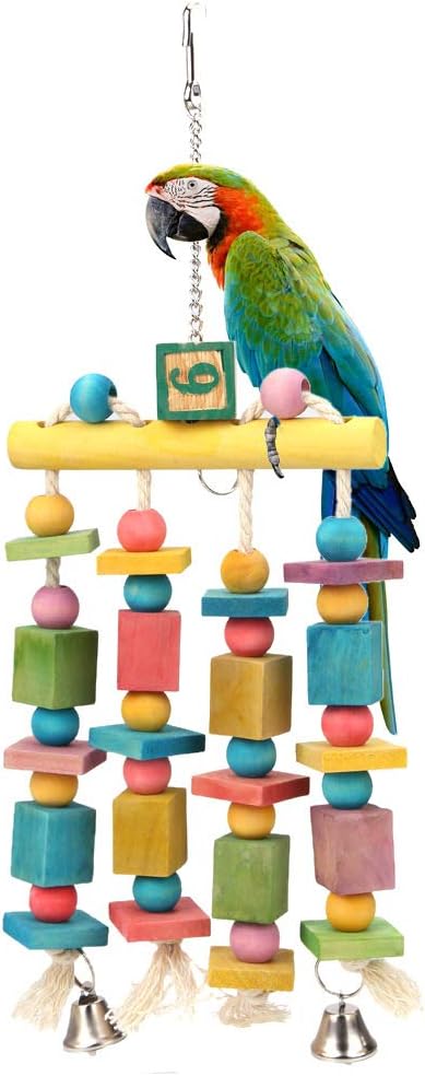 Parrot Hanging Chew Toy Bird Bite Swing with Colorful Wood Beads Bells for Parrot Macaw African Greys Cockatiels Cage Accessories (Hanging with Bell Toy)