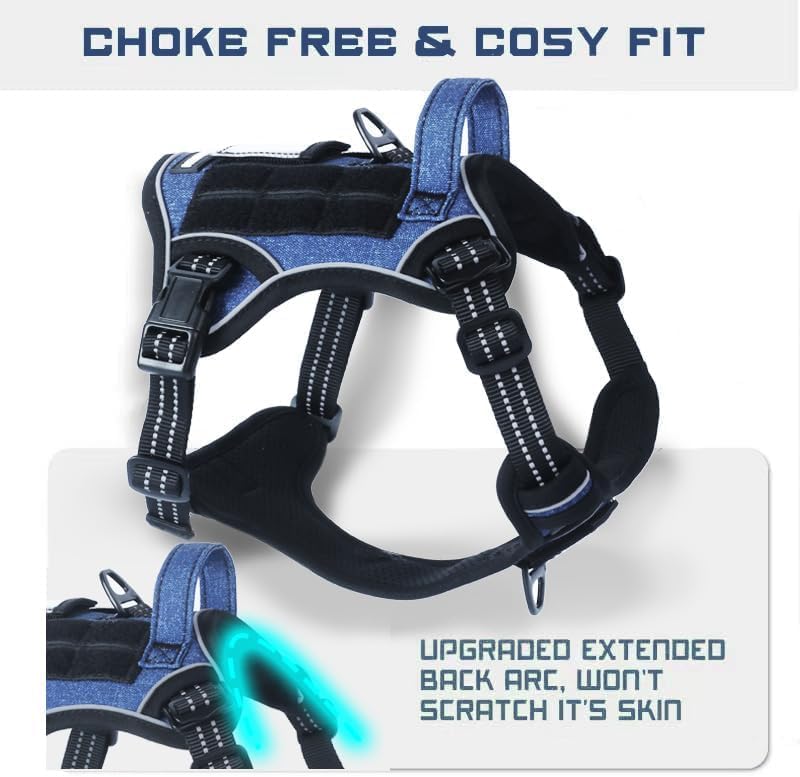 BUMBIN Tactical Dog Harness for Large Dogs No Pull, Famous TIK Tok No Pull Puppy Harness, Fit Smart Reflective Pet Walking Harness for Training, Adjustable Dog Vest Harness with Handle Denim Blue L